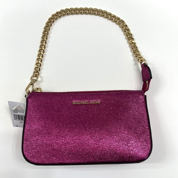 Michael Kors Ultra Pink Sparkly Leather Pouchette Bag W/ Gold Chain - NWT - Picture 5 of 10
